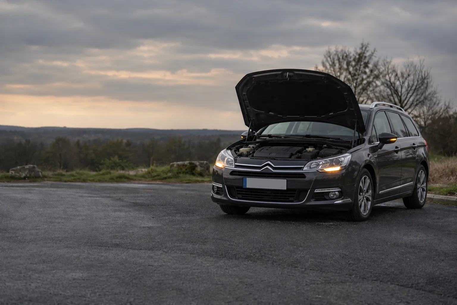 Illustration d’une Citroën C5 break immobilisée, capot ouvert et feux de détresse allumés.