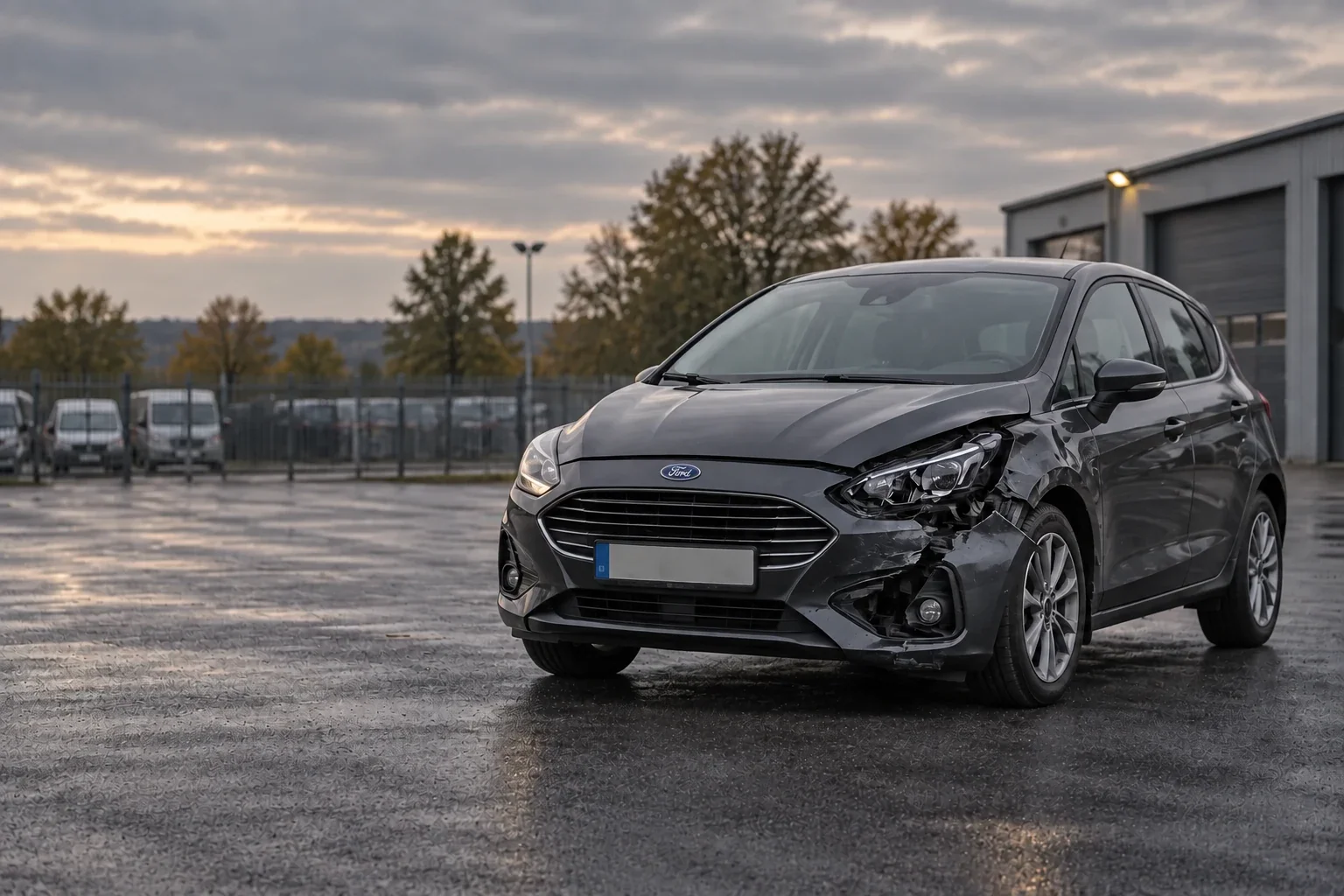 Illustration d’une Ford accidentée présentant des dommages à l’avant, stationnée devant un garage.
