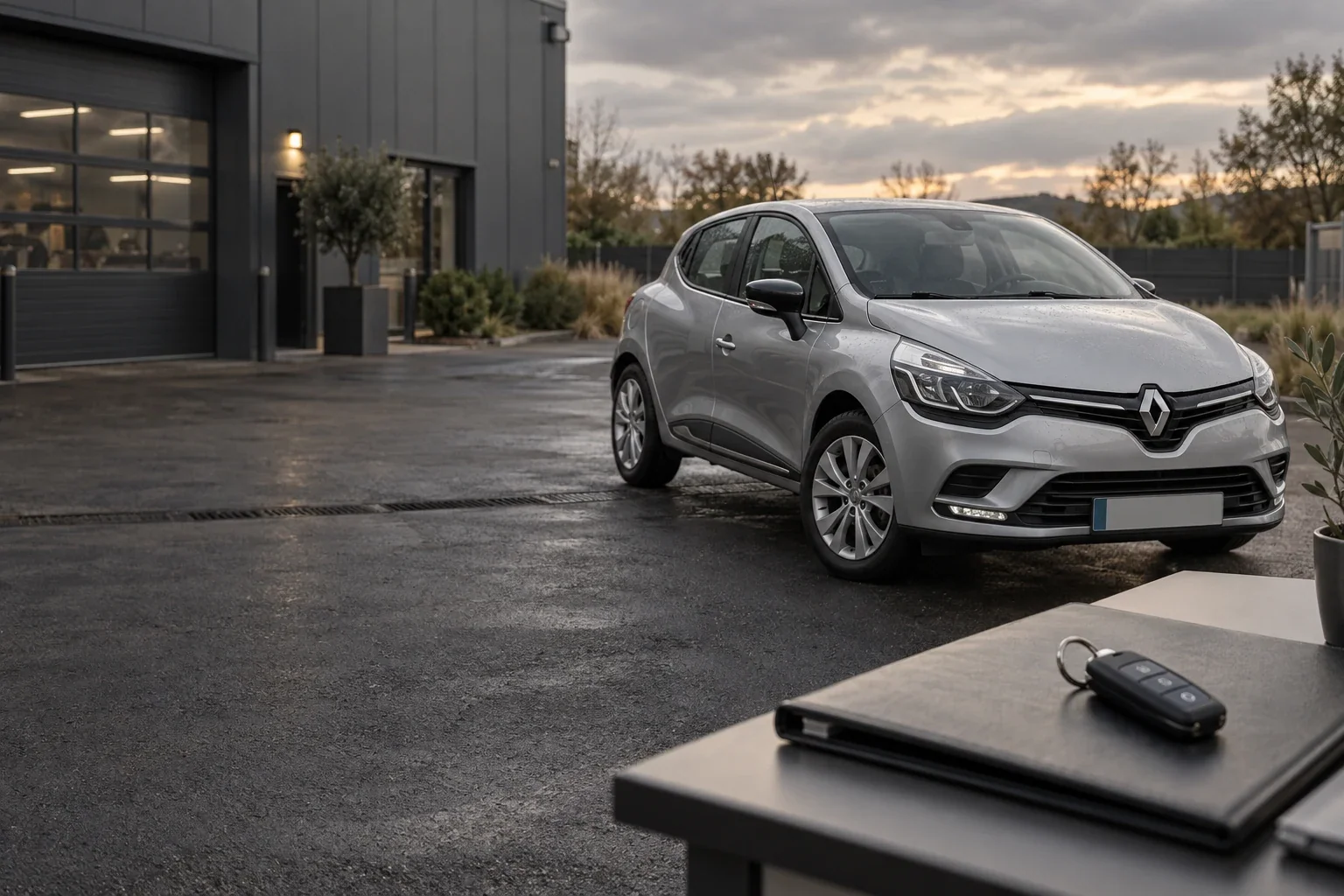 Illustration d’une Renault d’occasion, avec ses clés et un dossier au premier plan.