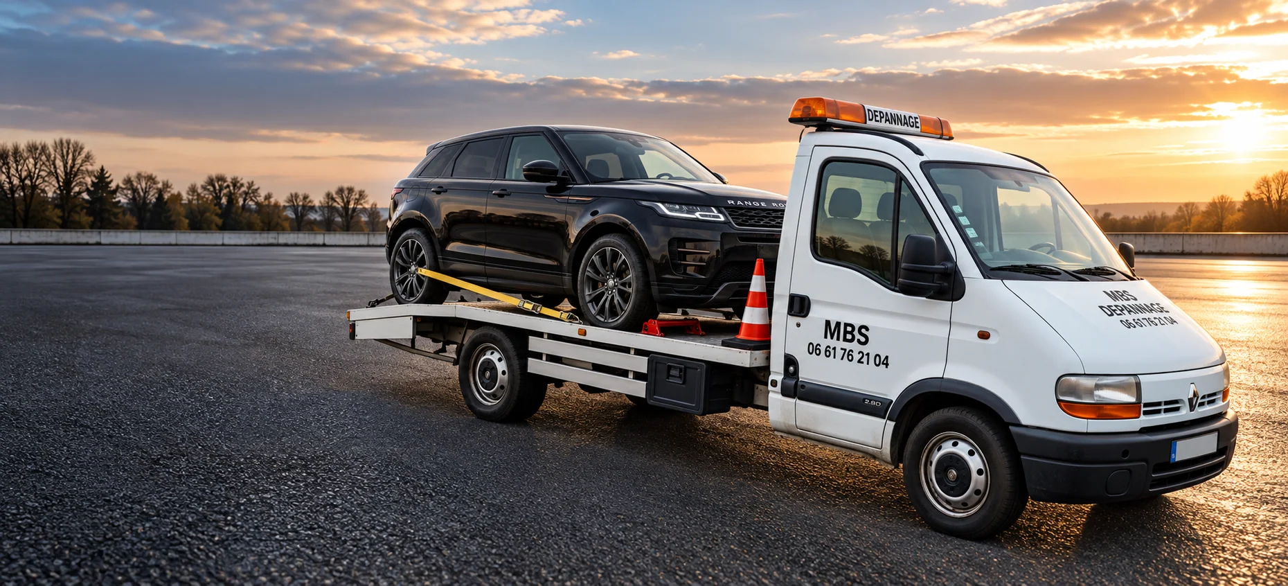 Illustration du camion MBS avec un Range Rover Evoque chargé sur son plateau